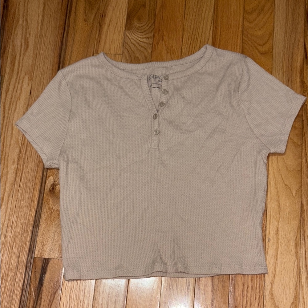 Women's Tan Waffle Knit Crop Top T-Shirt